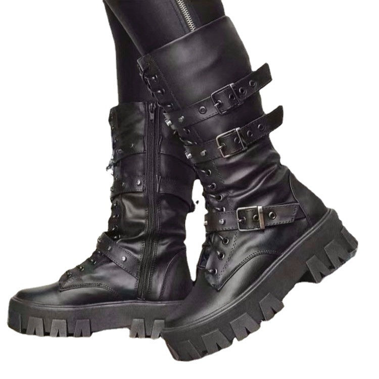 Women's Martin Boots Lace Up Combat Boot Mid Calf Platform Shoes Western Boots LadyShow.Store