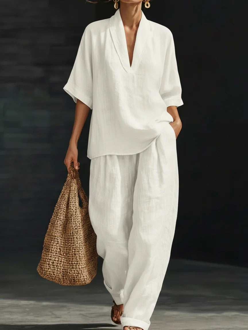 Women's Casual Simple Linen Two-Piece Set NorixaFashion.com