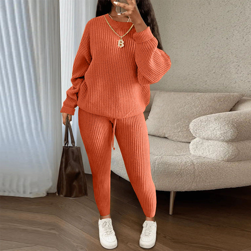 Winter Ribbed Knit Suits Fashion Loose Pullover Sweater Top And Drawstring Pants For Women Trouser Set Clothing LadyShow.Store
