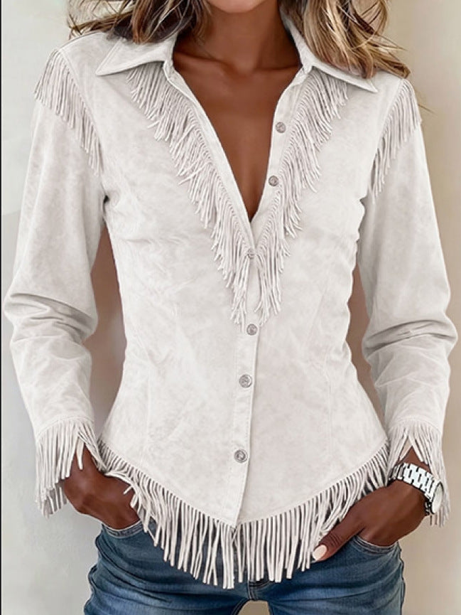 Western Cowboy-Style Suede Fringe Slim-Fit Long-Sleeve Shirt NorixaFashion.com