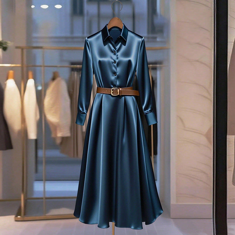 Temperament Long-sleeved Dress Autumn Solid Color A-line Skirt LadyShow.Store
