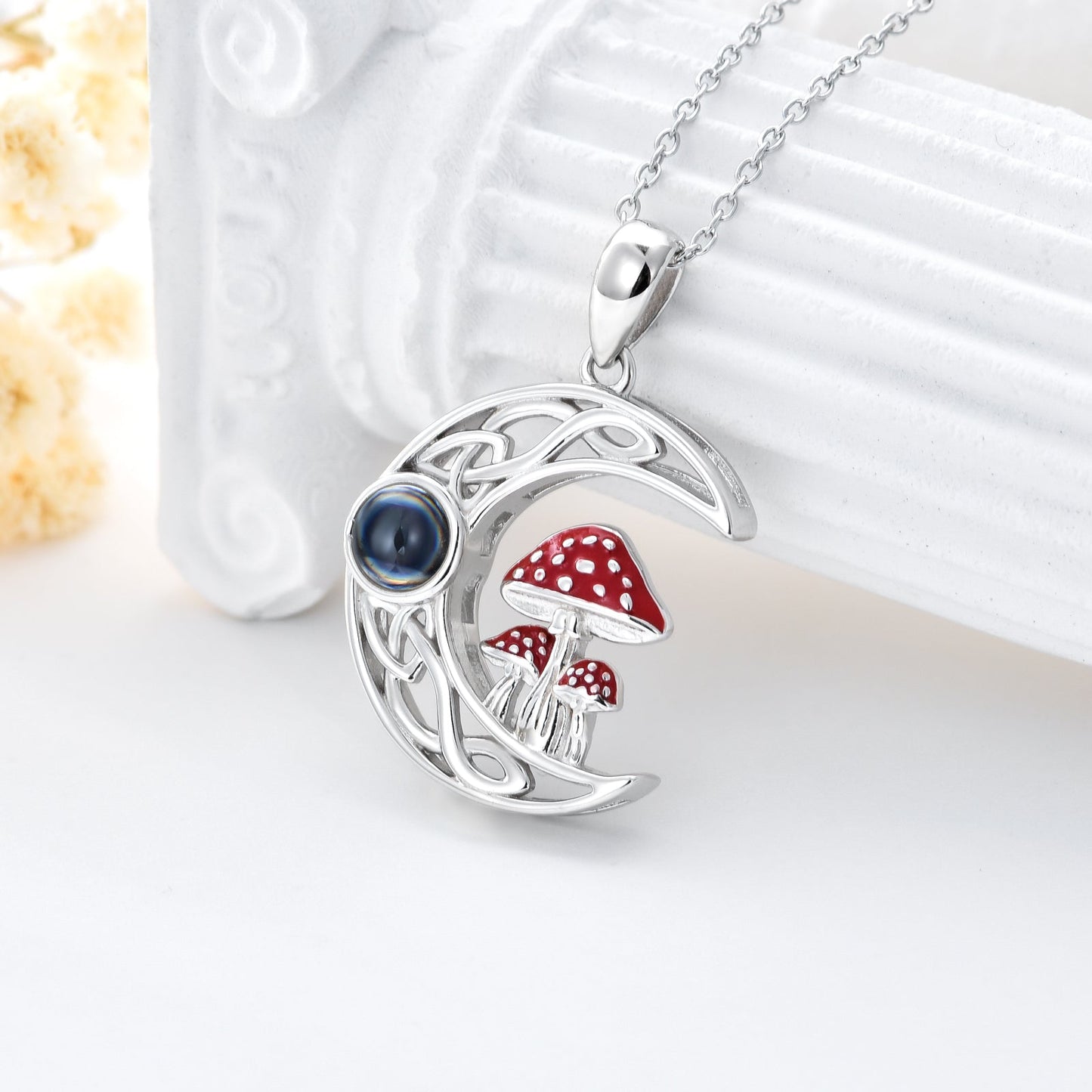 100 languages I Love You Projection Stone Mushroom Moon Necklace Sterling Silver LadyShow.Store
