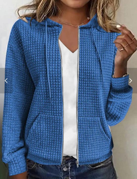 Womens Solid Color Hooded Zip Up Loose Long Sleeve Jacquard Sweatshirt NorixaFashion.com