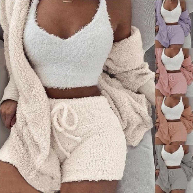 3pcs Womens Clothing Long Sleeve Crop Tank Top And Drawstring Shorts Pajama Set NorixaFashion.com