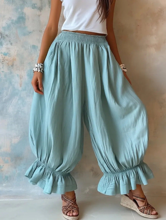 Loose Casual Cotton-linen Flared Pants With Ruffled Hems For Women NorixaFashion.com