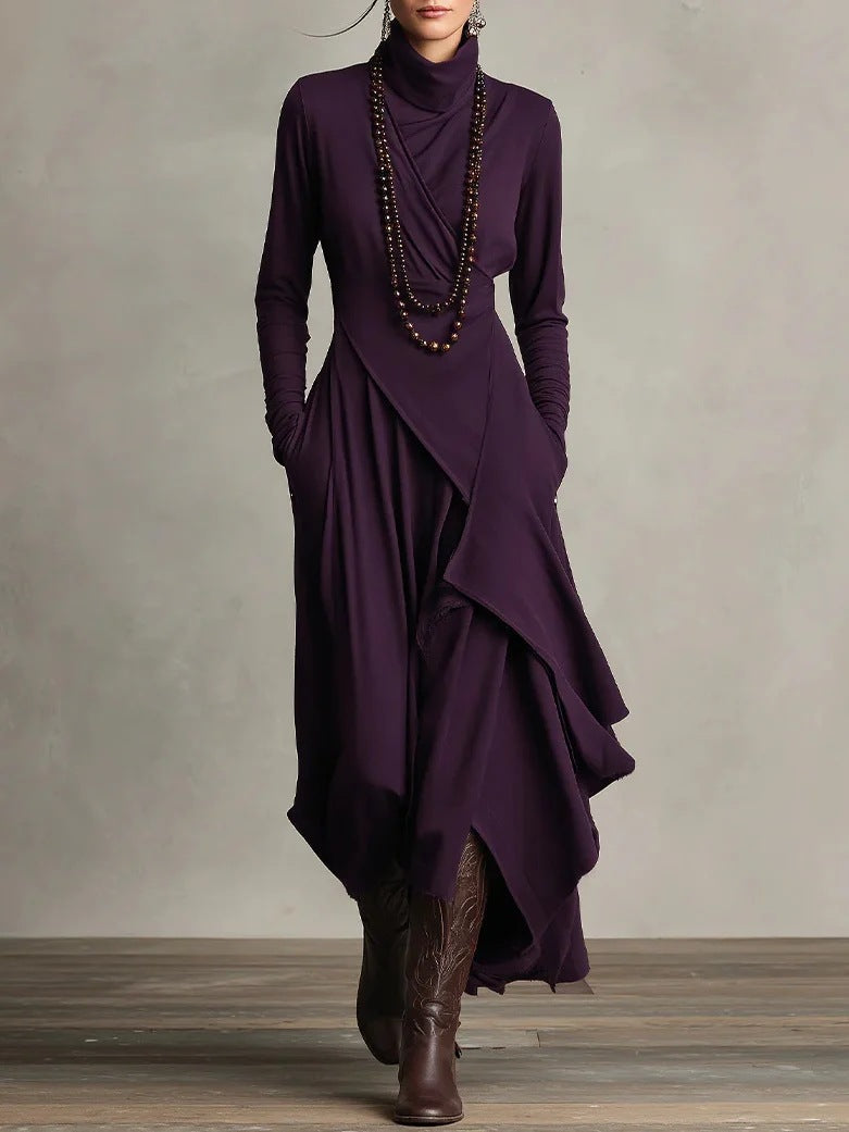 Women's Solid Color Cross-sleeve High-neck Dress LadyShow.Store
