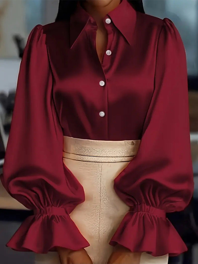 New Stylish Solid-colored Bubble Sleeve Long-sleeve Lapel Satin Shirt For Commuting LadyShow.Store