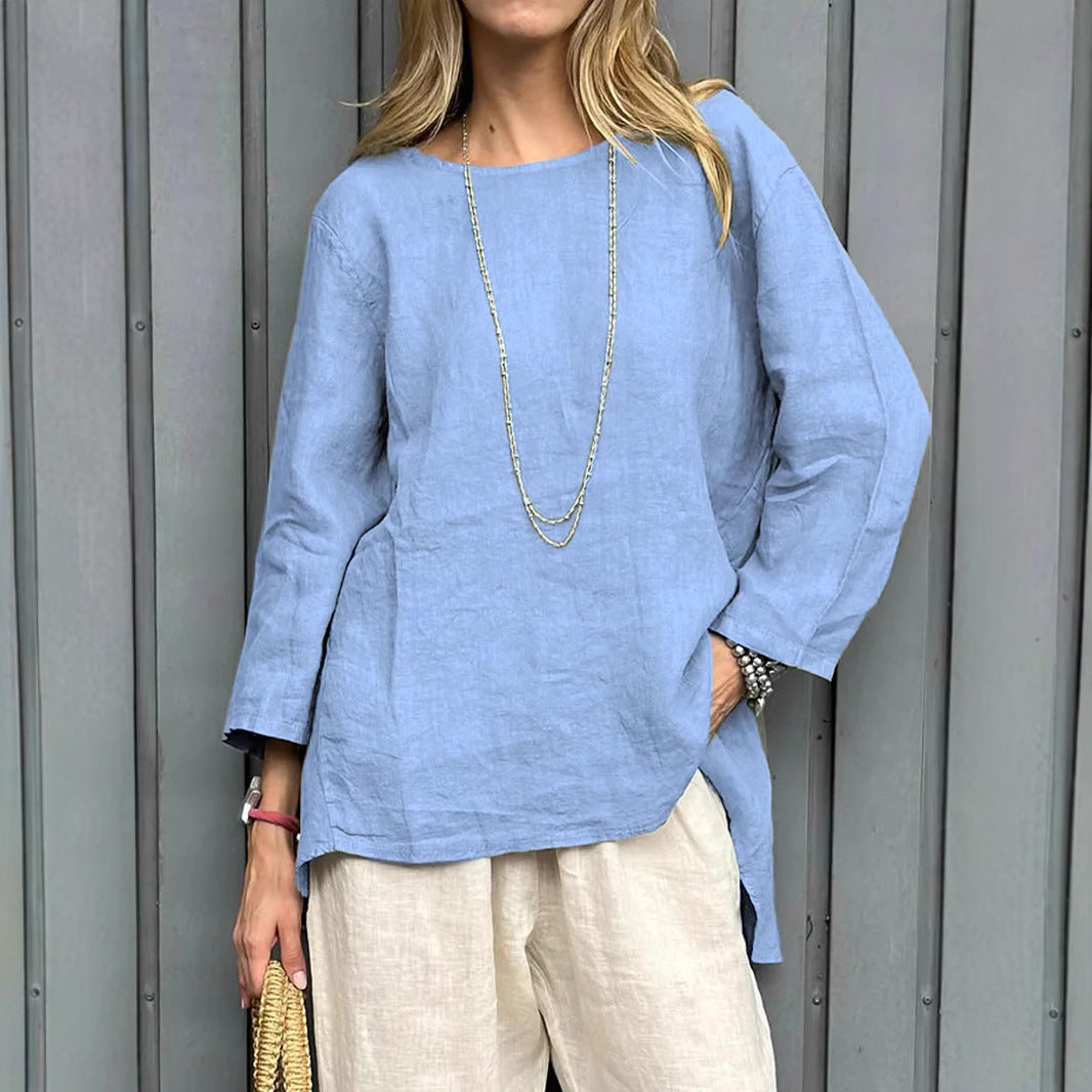 Vintage Cotton-Linen Crew-Neck Long-Sleeve Fashion Blouse For Women LadyShow.Store