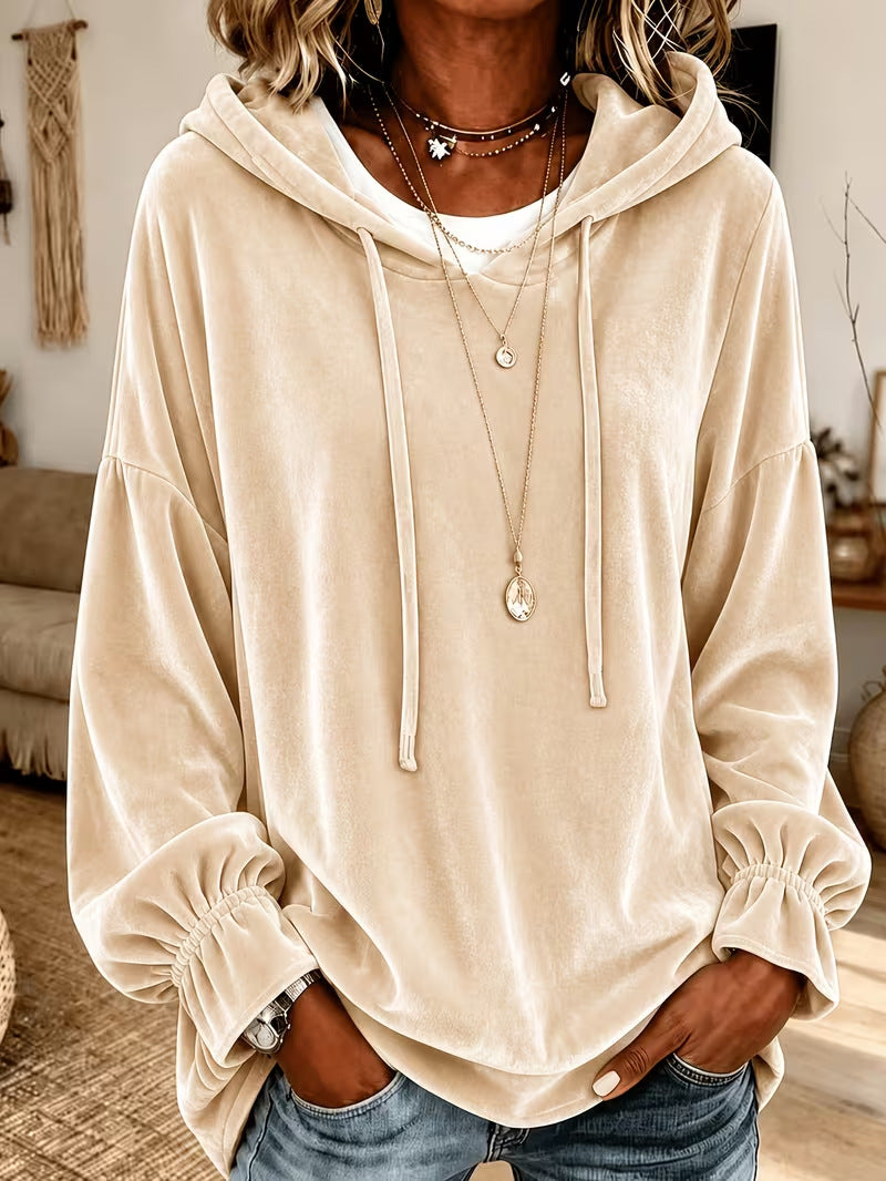 Annuo 2026 European American Women Fall Winter Loose Drawstring Velvet Hooded Sweatshirt NorixaFashion.com