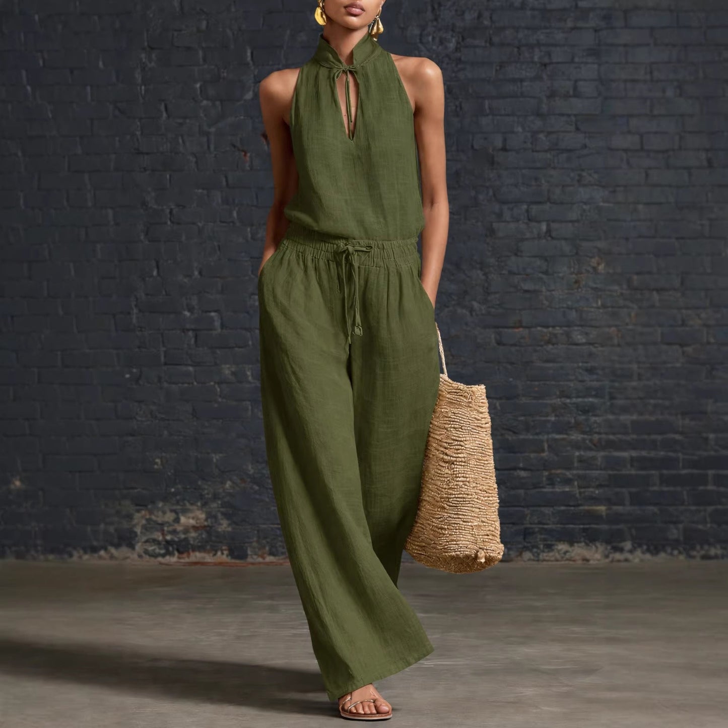 Urban-style Cotton And Linen Top And Wide-leg Pants Set NorixaFashion.com
