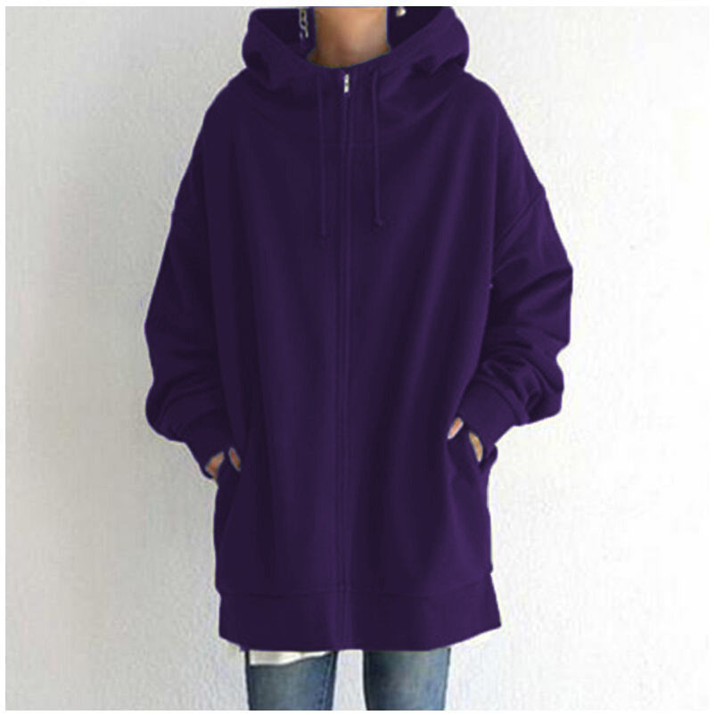 Zipper Hooded Long Plus Fleece Sweatshirt