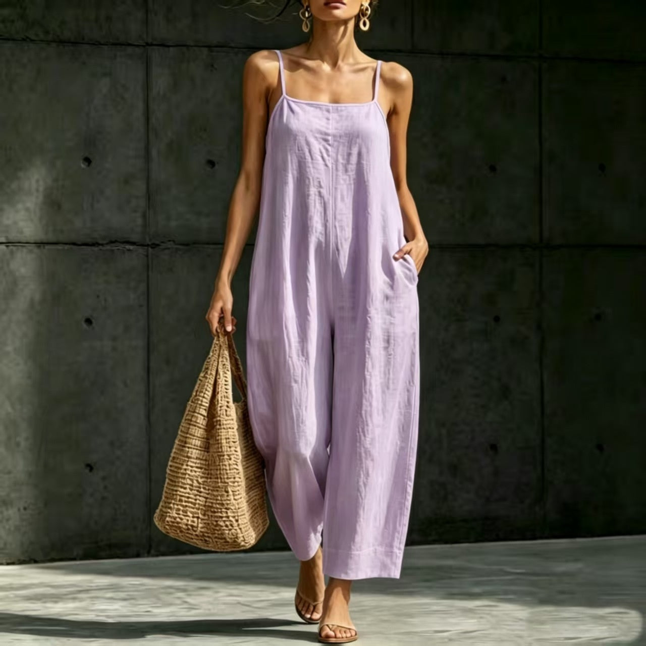 Springsummer Strap Jumpsuit Loose-fit Simple And Elegant Sleeveless NorixaFashion.com
