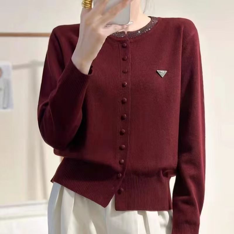 Womens Round-Neck, Diamond-Embellished, Solid-Colored Knit Cardigan LadyShow.Store