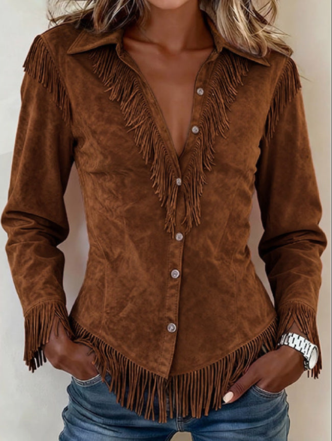 Western Cowboy-Style Suede Fringe Slim-Fit Long-Sleeve Shirt NorixaFashion.com