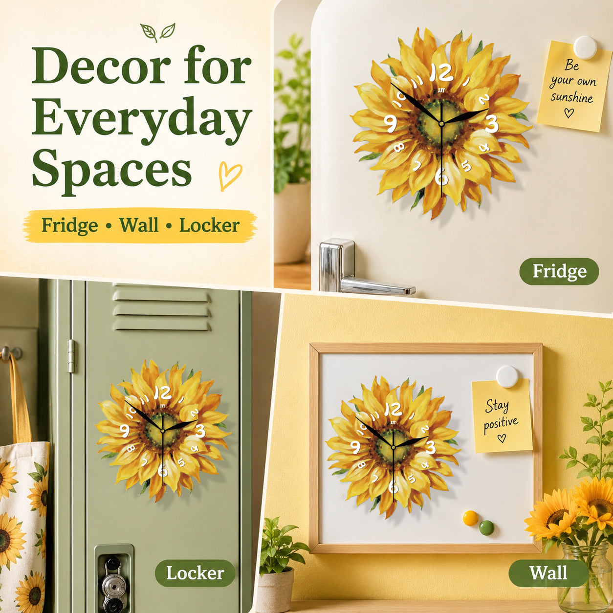 Sunflower Magnetic Fridge Clock Acrylic Decorative Kitchen Decor PearlNestDecor.com