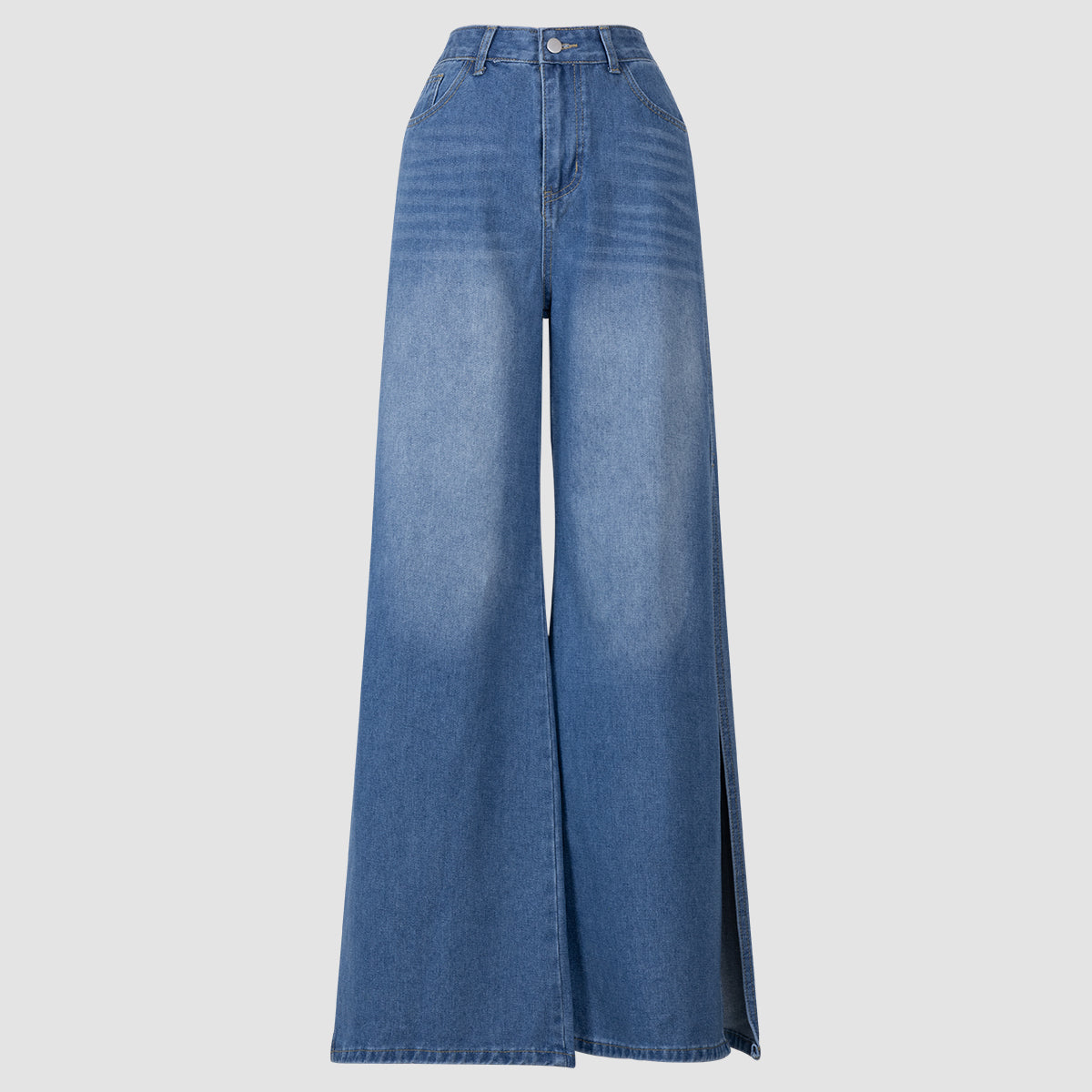 Blue Denim High - Waisted Ultra - Wide - Leg Jeans With Side Slit NorixaFashion.com
