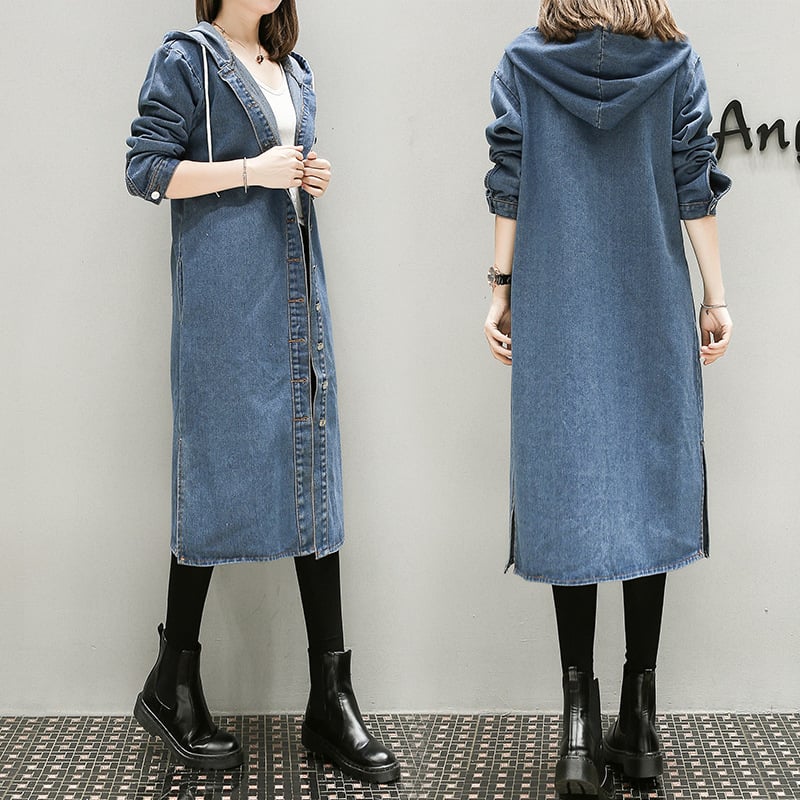Hooded Thin Denim Trench Coat Pi-Mart