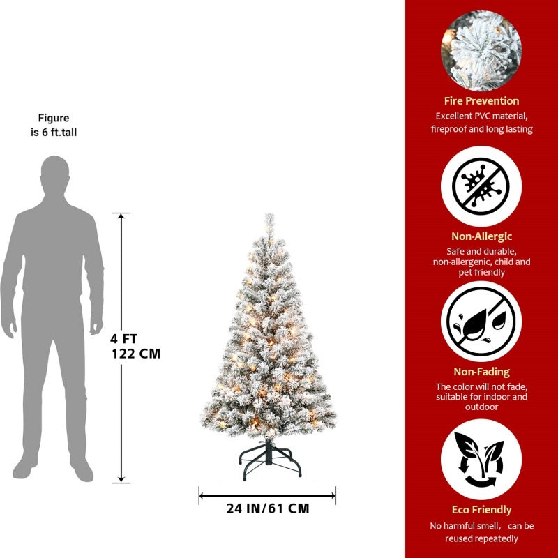 Pre-Lit Flocked Christmas Tree - PVC Artificial Xmas Tree with Lights (4ft to 7ft, FedEx Shipping from USA)