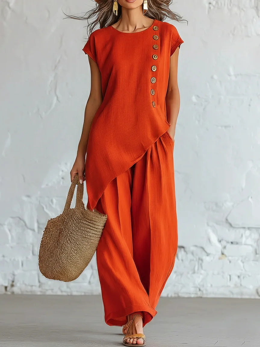 Womens Solid-Color Crew-Neck Buttoned Short-Sleeve Wide-Leg Pants Set NorixaFashion.com