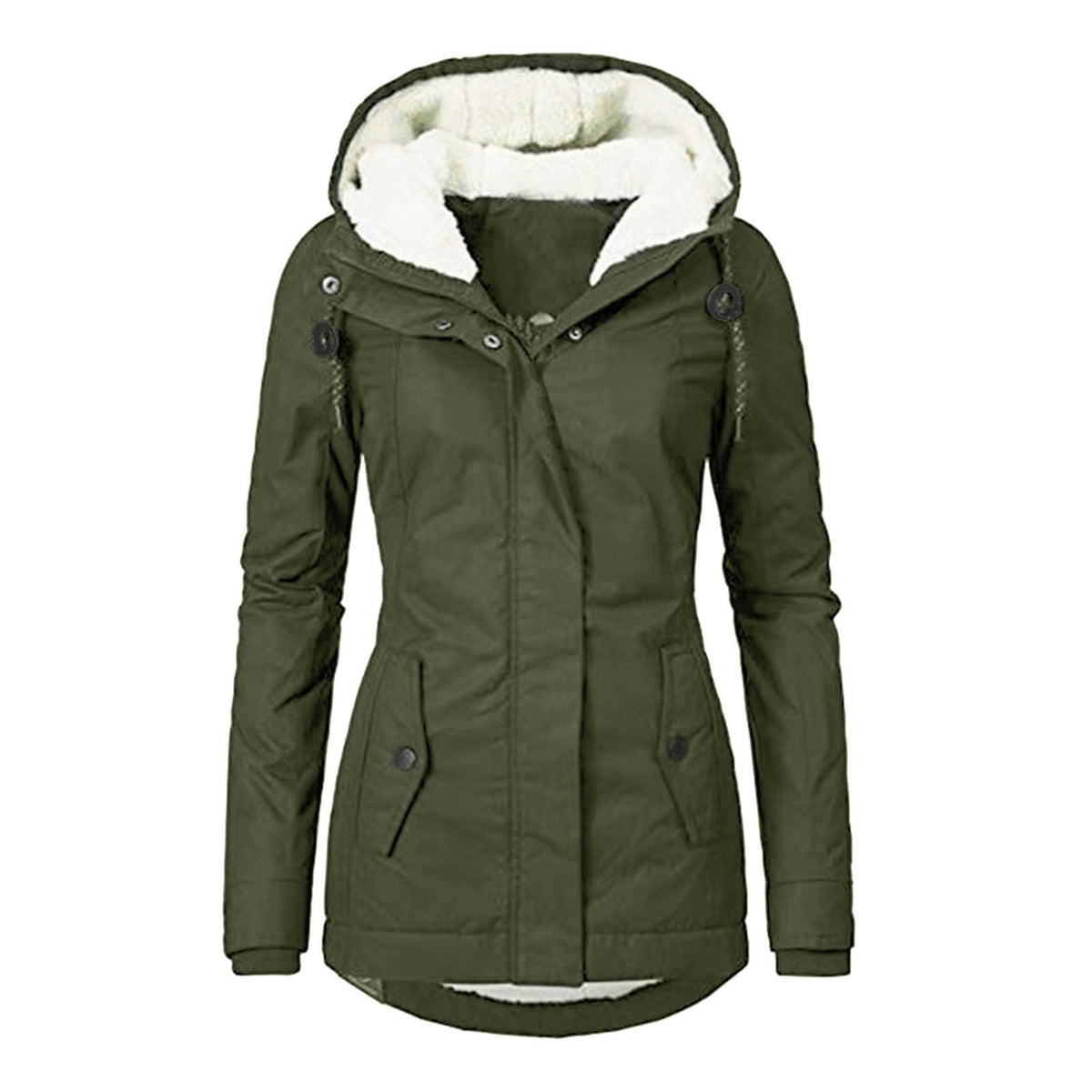 Winter Hooded Jacket Solid Color Warm Buckle Zip-up Fleece Jacket With Pockets Women's Casual Jacket LadyShow.Store