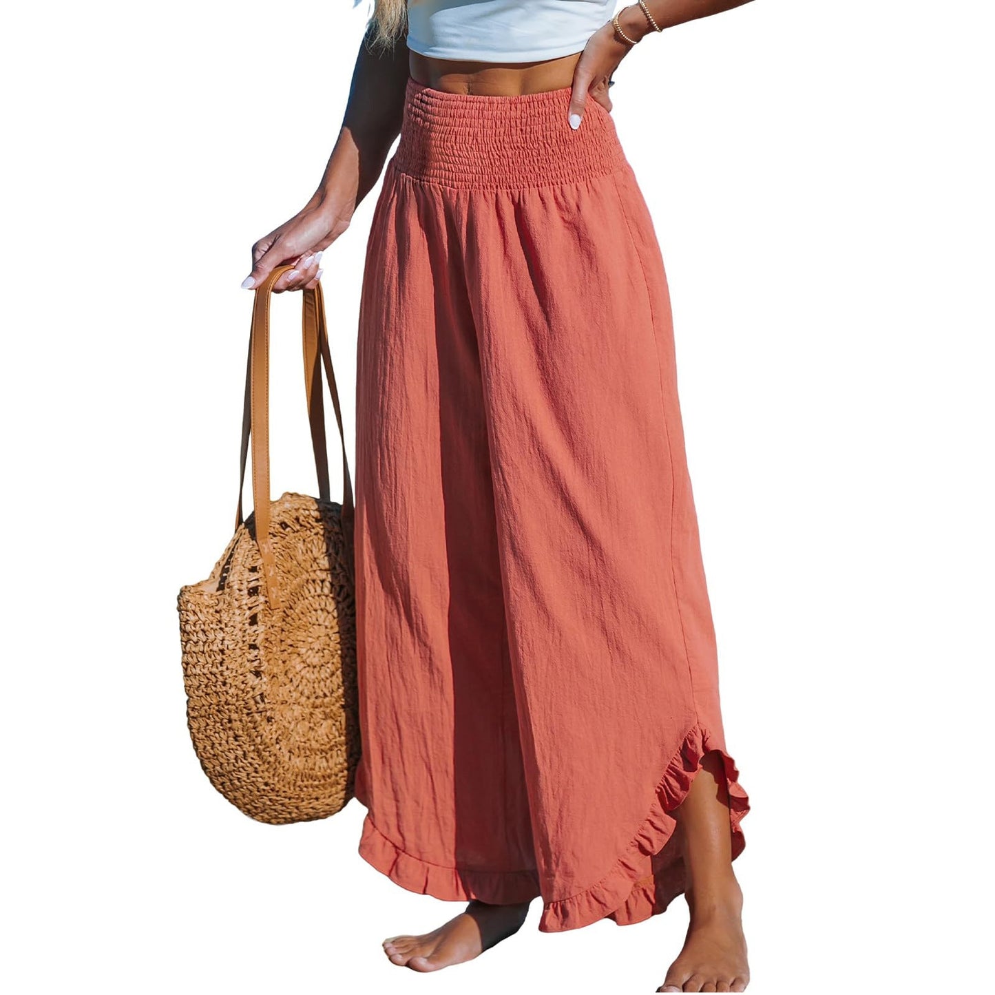 Pleated Asymmetrical Hem Cotton-linen Loose-fit Casual Pants NorixaFashion.com