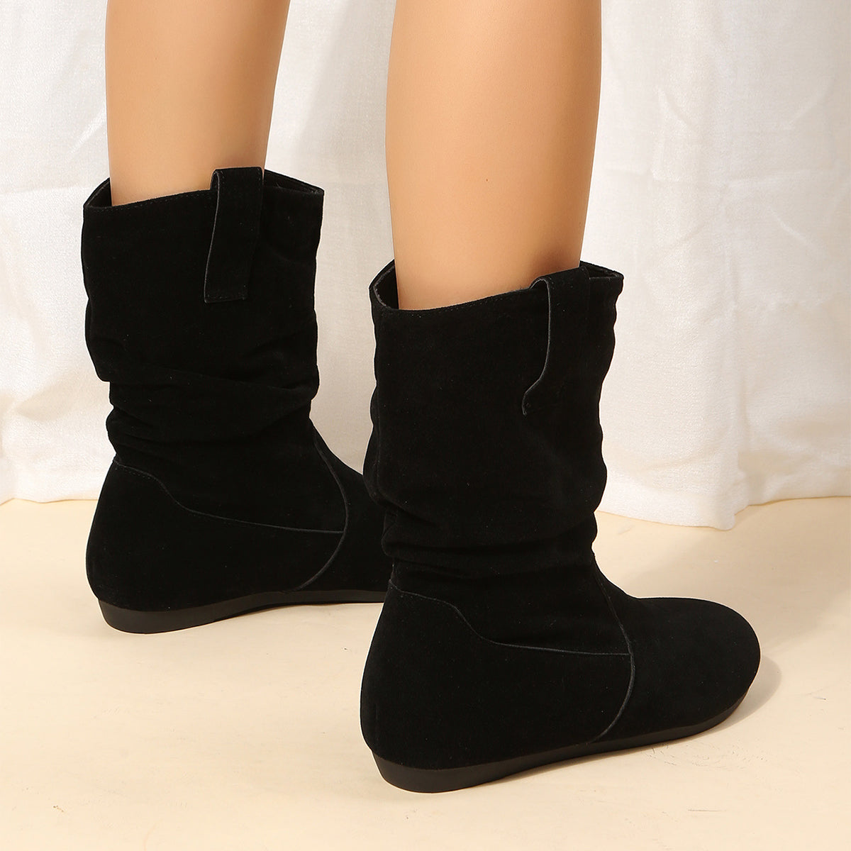 Round Toe Flat Boots Fashion Solid Color Suede Mid-calf Boot Winter Warm Shoes For Women LadyShow.Store