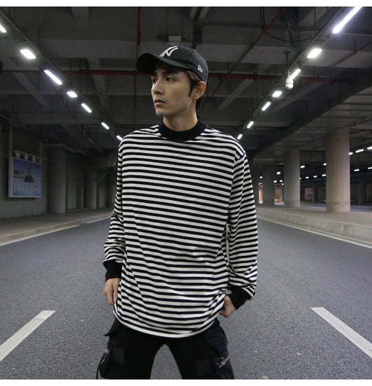 Oversized Striped T-Shirt with Ribbed Collar Pi-Mart