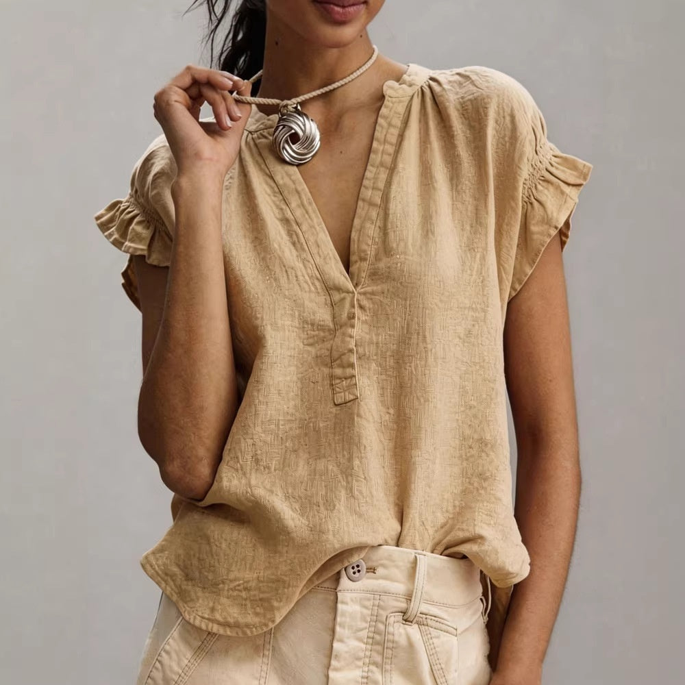 Women's Casual V-Neck Cotton-Linen Blouse Top Summer Ruffle Short-Sleeve Solid Color Office Daily Wear Shirts NorixaFashion.com
