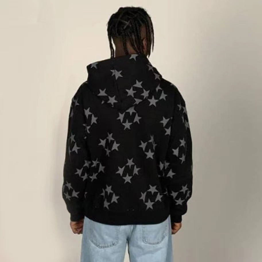 Stars Printed Zipper Hooded Cardigan Couple Fashion Outerwear Hoodies Sweatshirt Street Men Women Coat LadyShow.Store