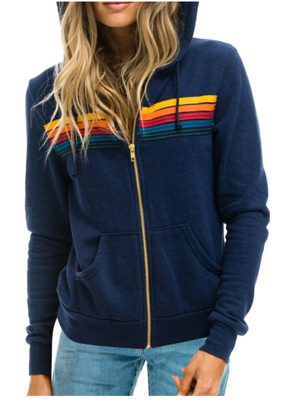 European And American Women's Casual Rainbow Sweater Jacket NorixaFashion.com