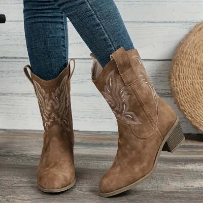 Fashion Chunky-heeled Pointed Toe Boots Winter Ethnic Style Embroidered Mid-Tube Western Shoes Women LadyShow.Store