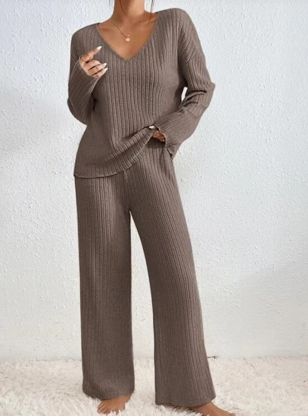 Long Sleeve V-neck Knitted Sunken Stripe Brushed Loose Leisure Suit LadyShow.Store