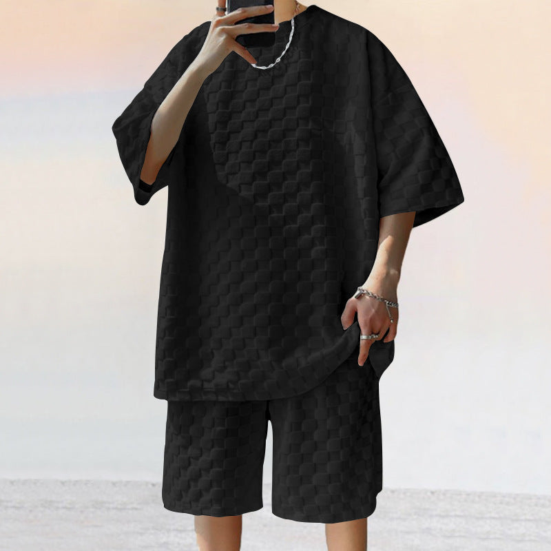 Jacquard Plaid Loose Straight Casual Shorts Suit NorixaFashion.com