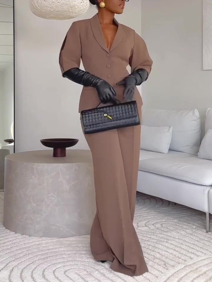 Brown Short-sleeved Blazer & High-waisted Pants Suit NorixaFashion.com