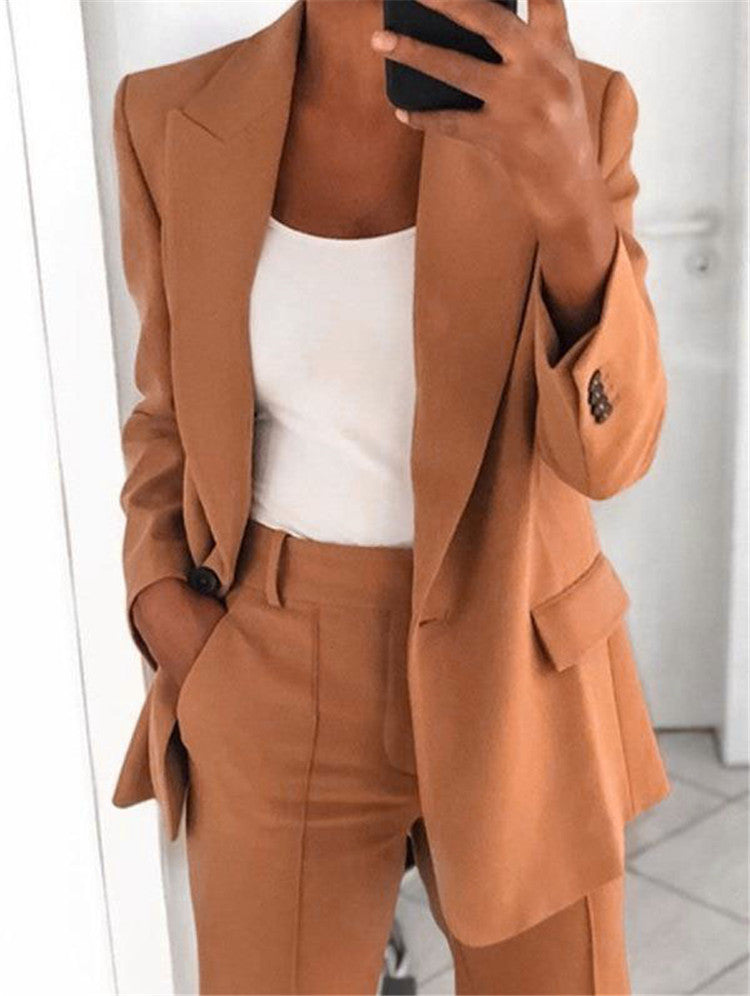 Ins Button Casual Suit Fashion Long-sleeved Lapel Blazer Jacket And Slim-fit Pocket Trousers For Women Clothing NorixaFashion.com