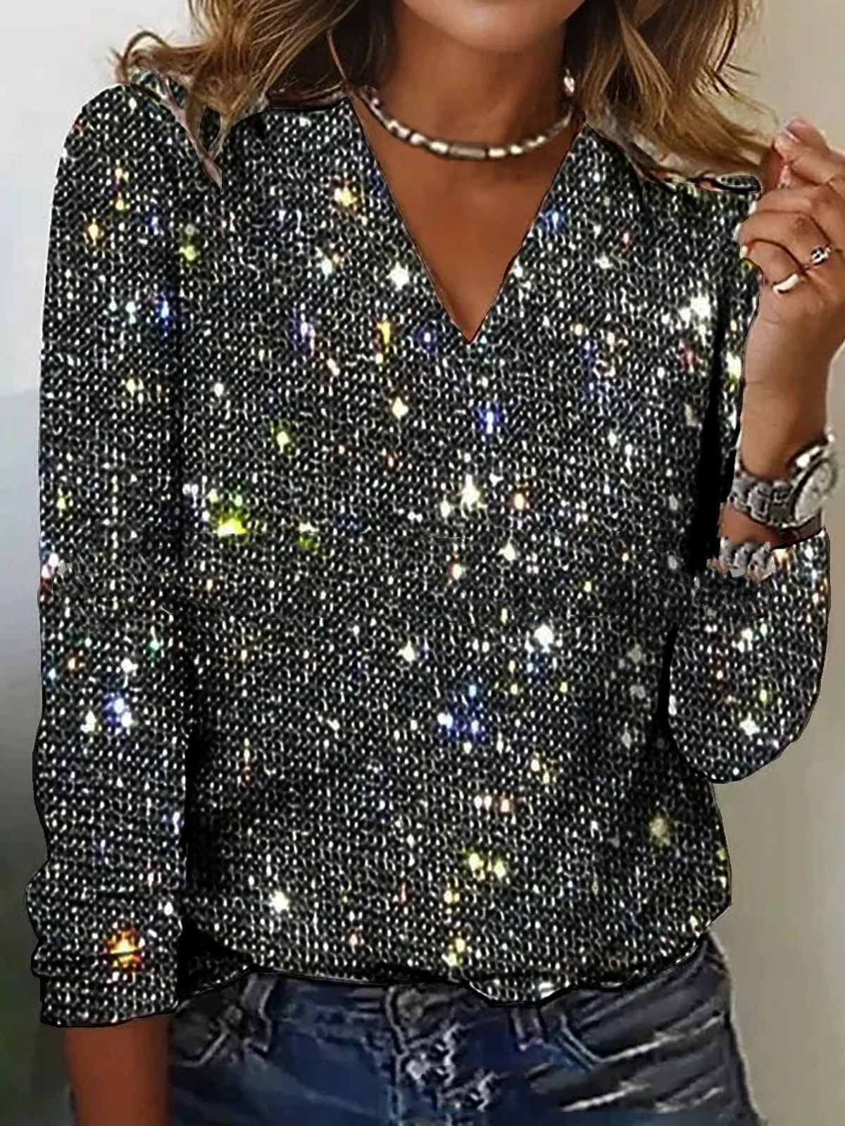 Women's Pure Color Sequins Long-sleeved T-shirt LadyShow.Store
