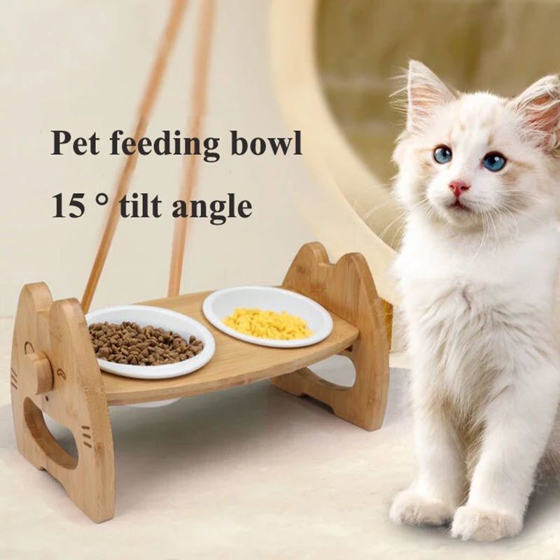 Pet Bowl Ceramic Double Bowl Wooden Stand Neck Protection Dog Cat Food Basin Height Adjustable Tilt Separate Bowls Pet Accessori Pets Fashion