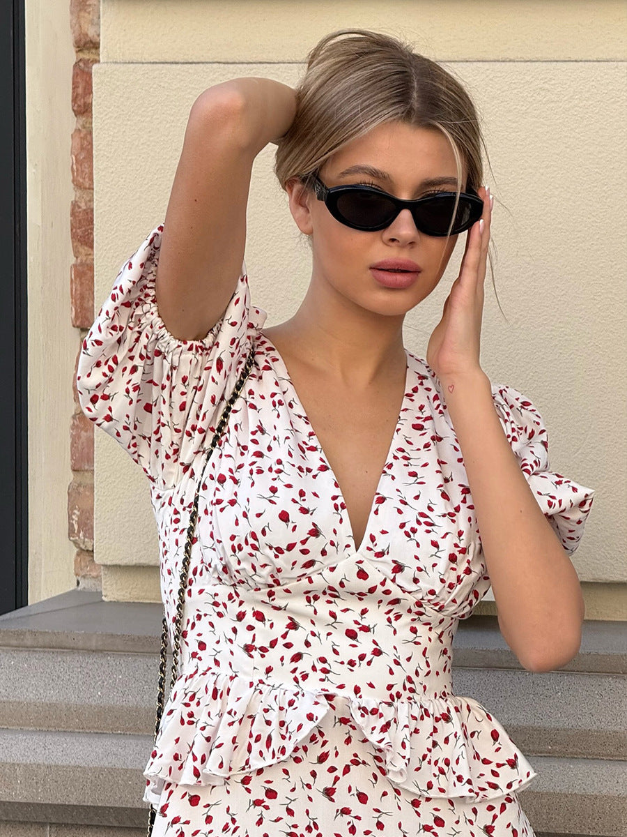 Printed Waist-cinching Puff Sleeve Dress NorixaFashion.com