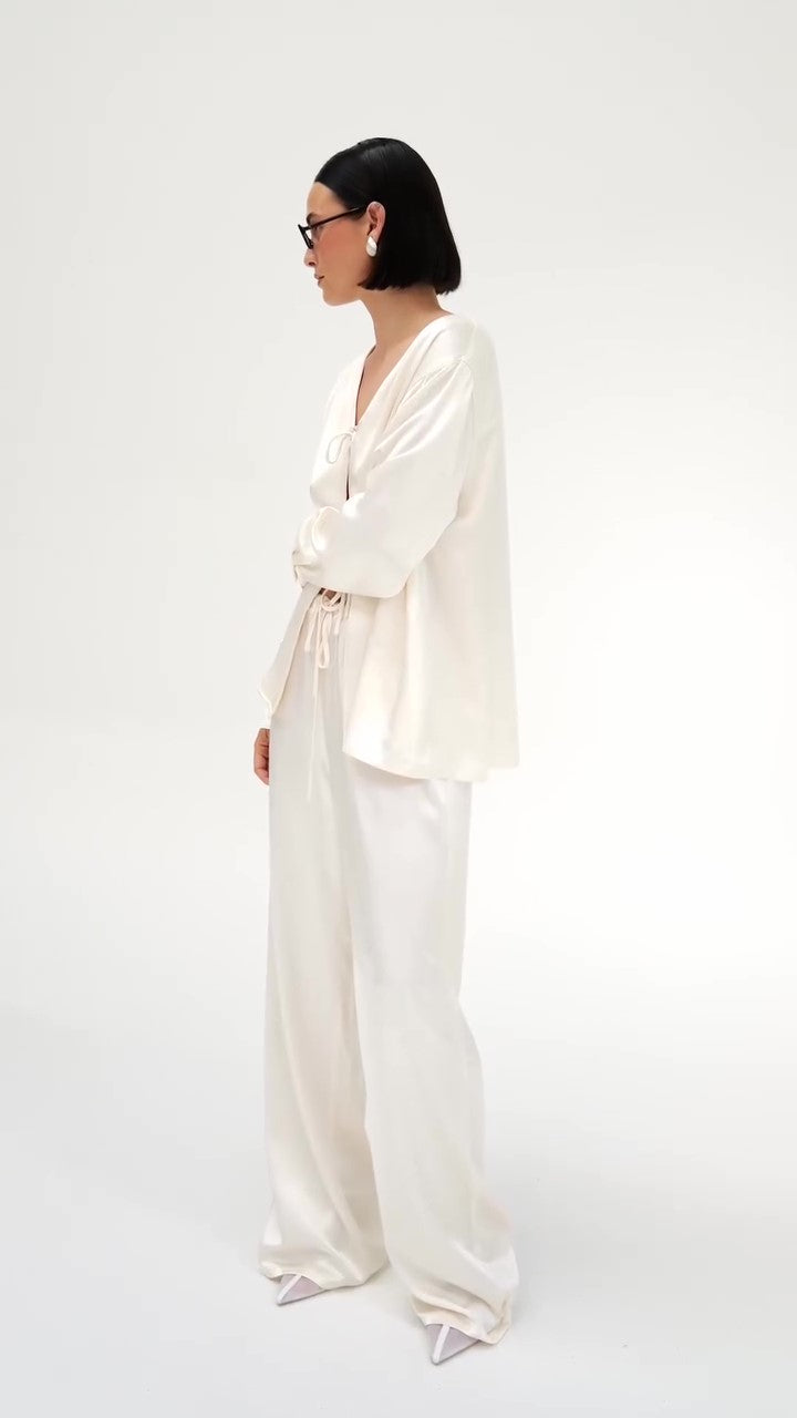 Cream Satin Tie-Front Top And Wide-Leg Pants Set NorixaFashion.com