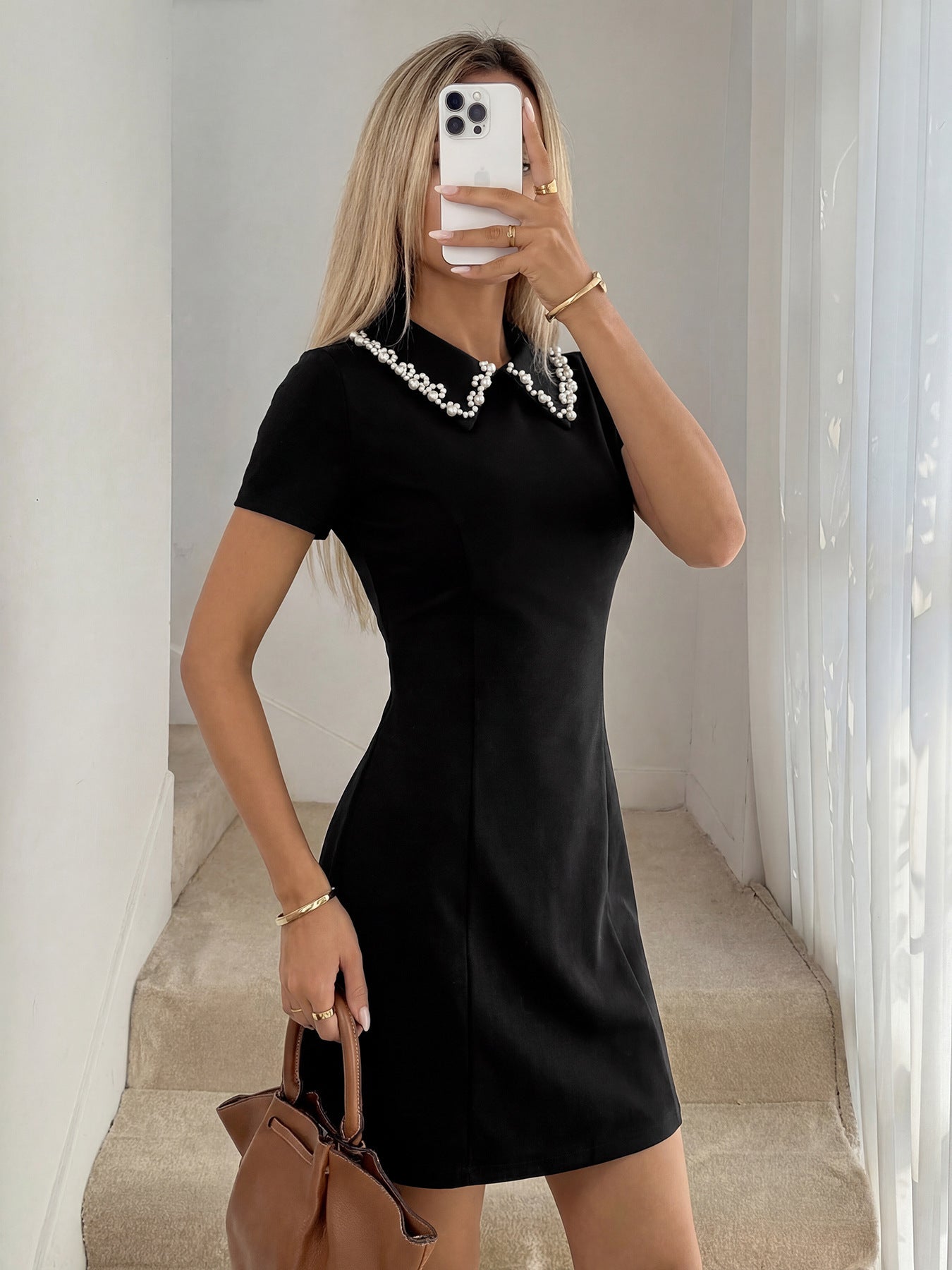 Pearl Collar Short Sleeve A-Line Mini Dress NorixaFashion.com
