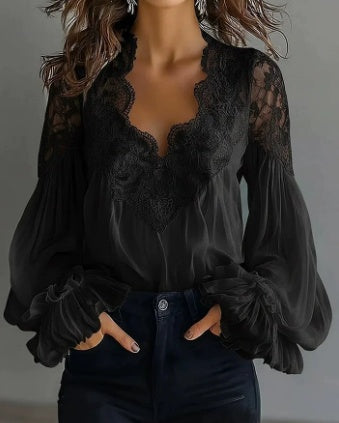 Women's Lace-trimmed Puff-sleeved Pleated Shirt NorixaFashion.com
