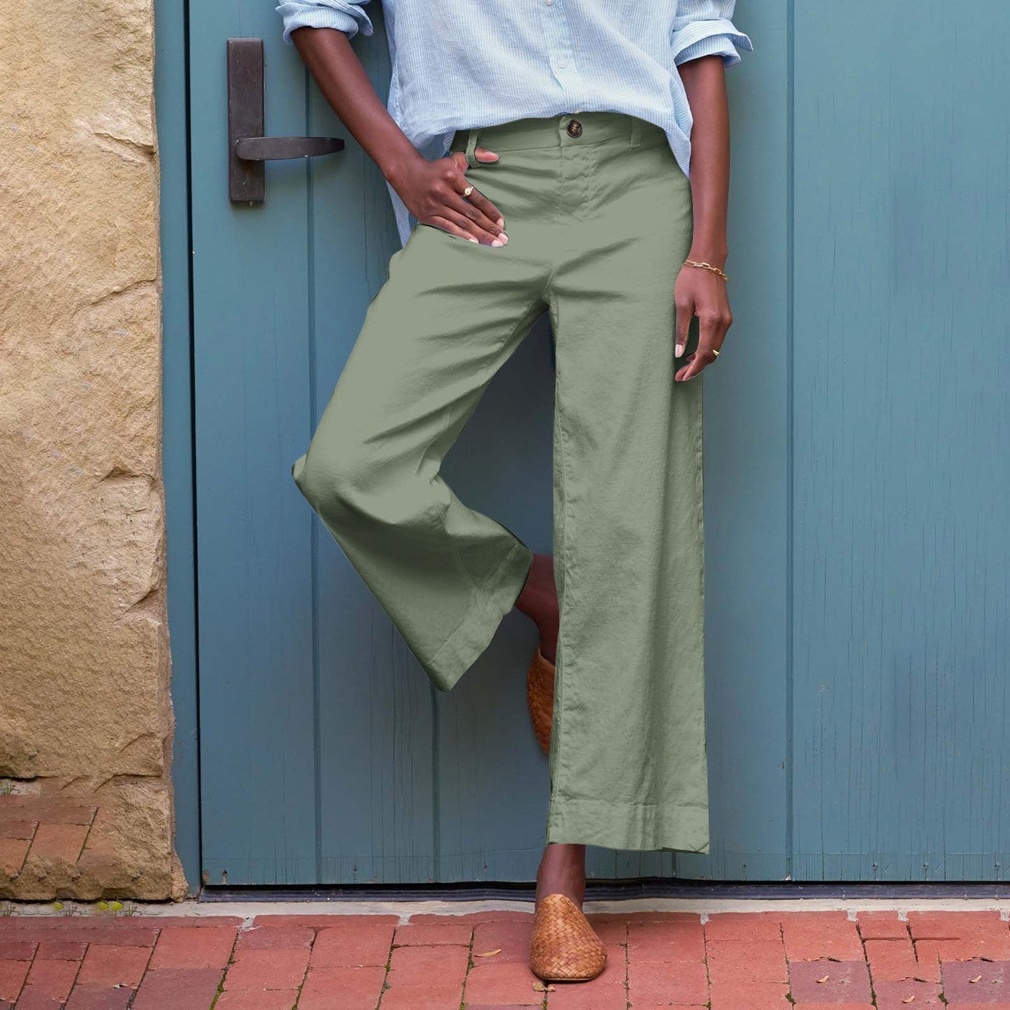 European And American Style High-Waisted Solid Color Cropped Flared Loose Wide-Leg Womens Trousers With Buttons NorixaFashion.com