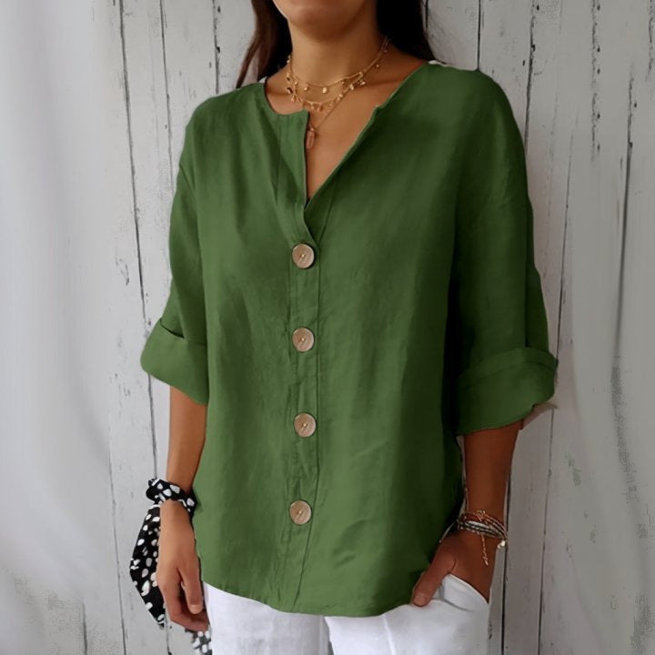 Loose-fit Women's V-neck Cotton-Linen Button T-shirt Top LadyShow.Store