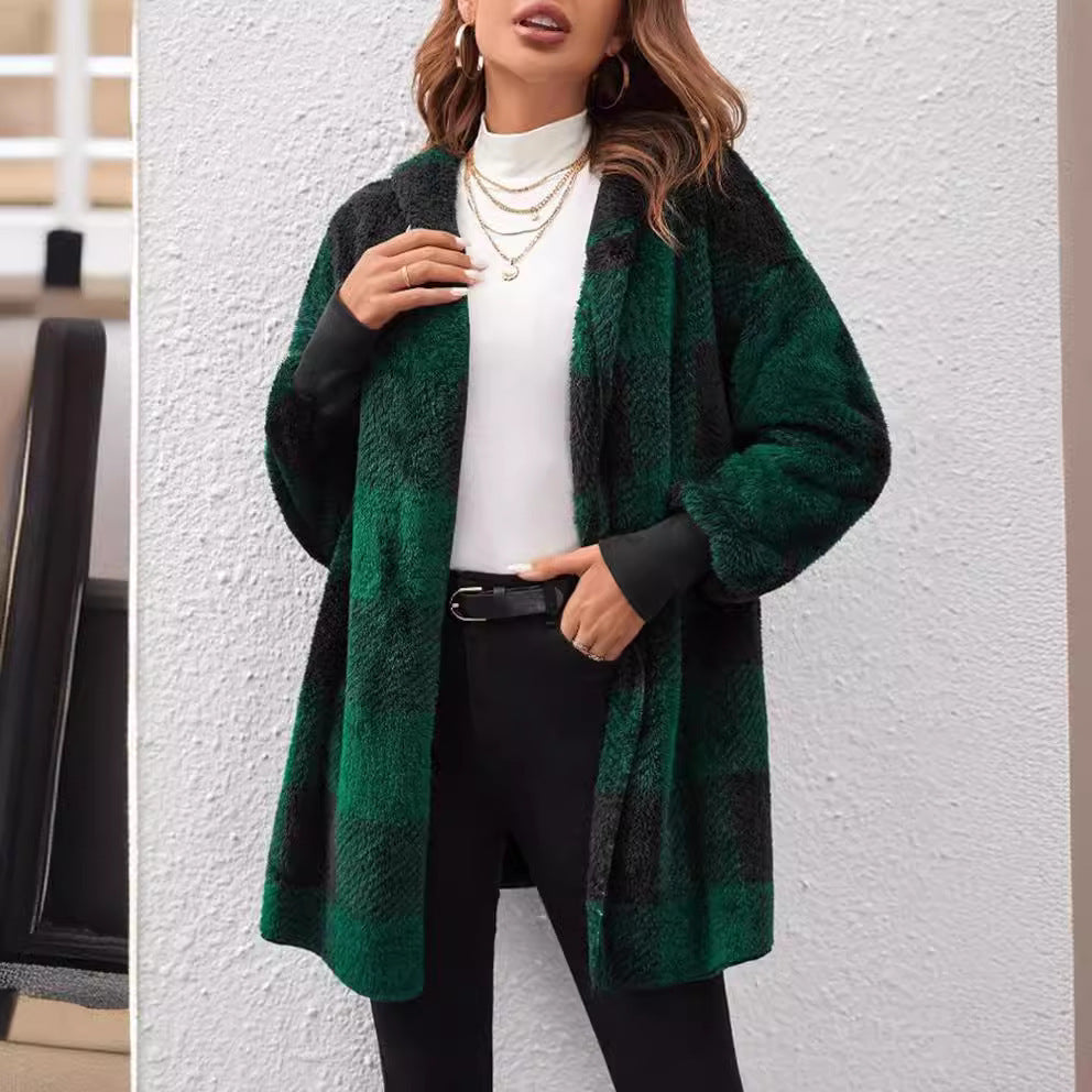 Coat Loose Plaid Color Stitching Knitted Cardigan Sweater NorixaFashion.com