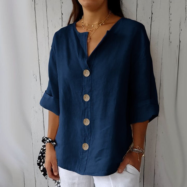 Loose-fit Women's V-neck Cotton-Linen Button T-shirt Top LadyShow.Store