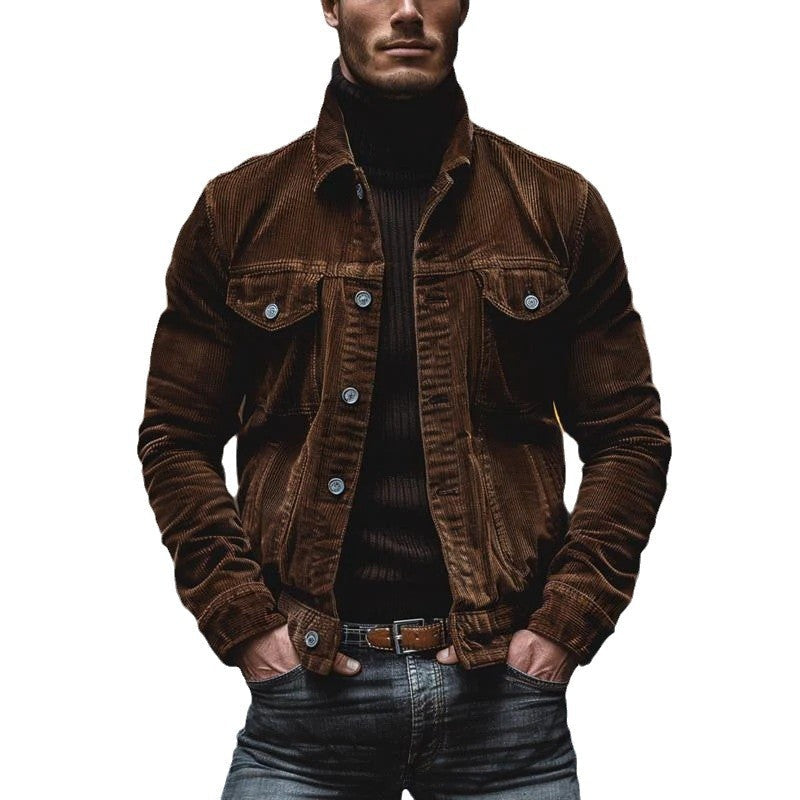 Men's Pocket Corduroy Long Sleeve Striped Lapel Jacket LadyShow.Store