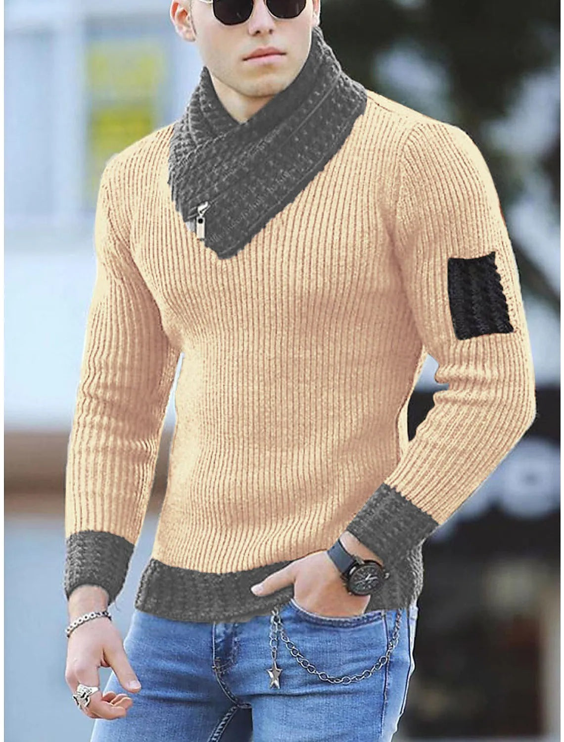 Independent Station Casual Slim Knit Pullover Long-sleeved Scarf Collar Sweater Men's LadyShow.Store