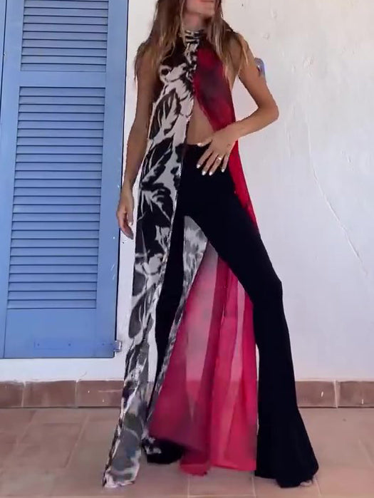 Abstract Print Halter Neck High Slit Tunic Top NorixaFashion.com