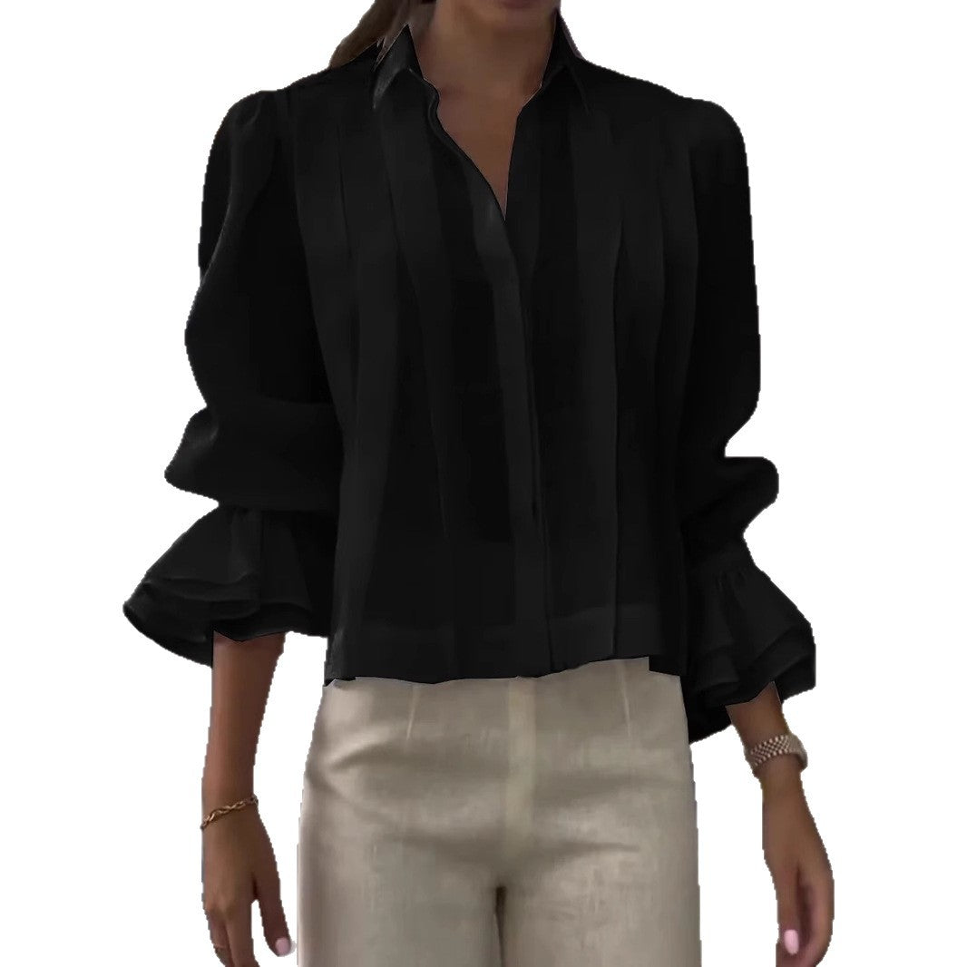 Pleated Solid Color Stitching Short Sleeve Shirt NorixaFashion.com