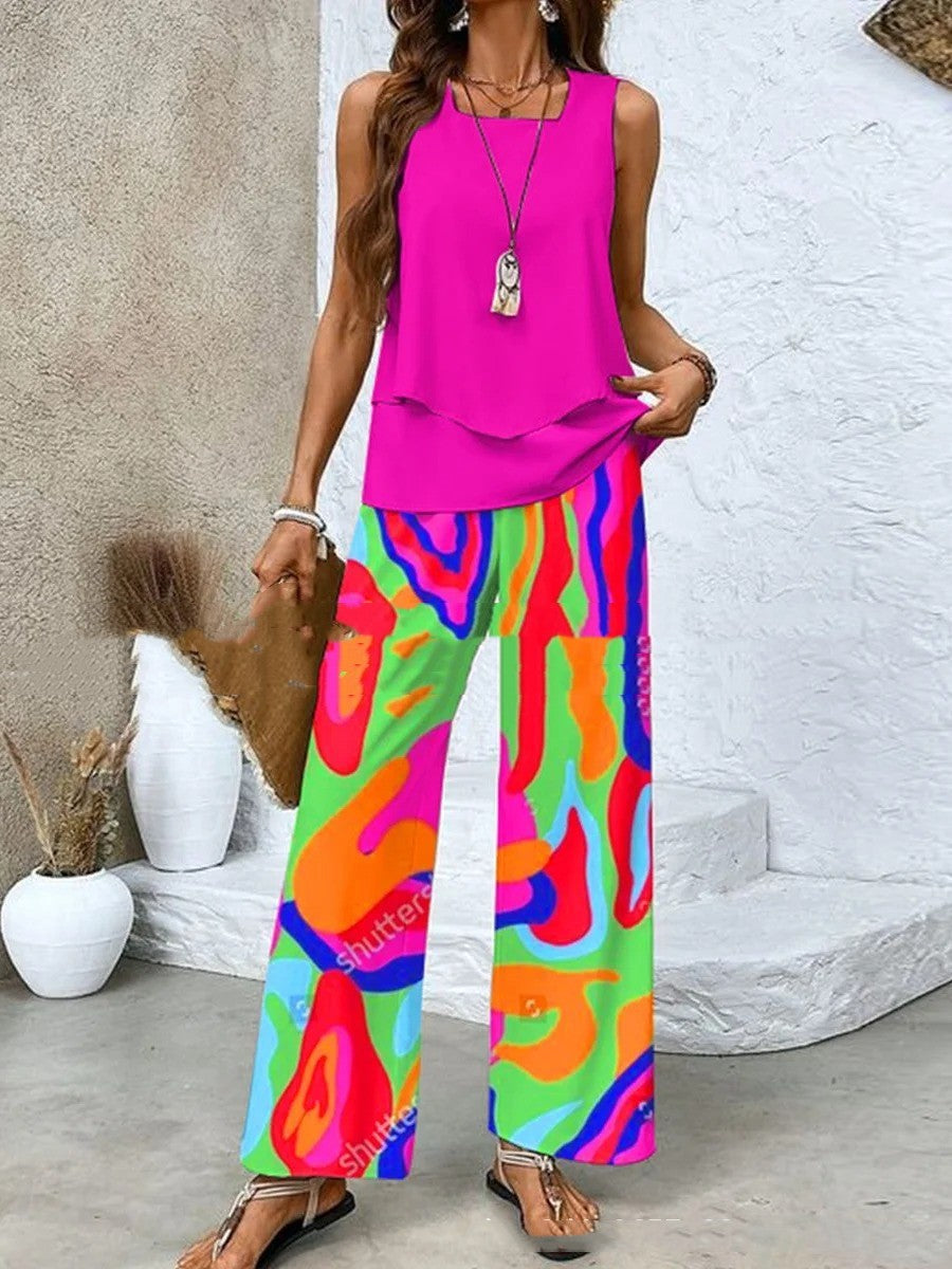 Print Suits Sleeveless Double-layer Vest And Loose Straight Pants Womens Clothing NorixaFashion.com